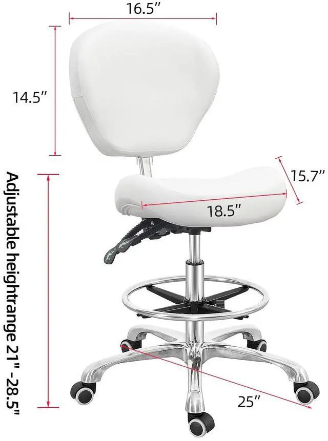 Alt view image 2 of 7 - Drafting Chair Adjustable Tall Shop Stool, Rolling Chair with Backrest and Footrest for Computer, Studio, Workshop, Classroom, Lab, Counter, Home Office (White)
