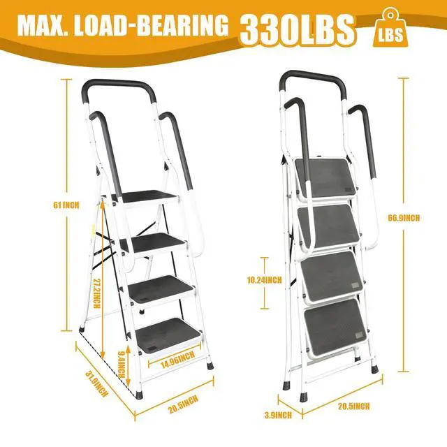 Alt view image 2 of 7 - 4 Step Ladder, 400 Ergonomic Folding Stool with Anti-Slip Pedal, Step Stool with Padded Handle for Kitchen, Household, Offices, ATRJZ9034XR, Torin
