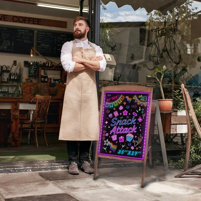 Alt view image 6 of 7 - LED Message Writing Board 28"x20", Standing A-Frame Wooden LED Message Sign Board Illuminated Erasable Neon Restaurant Menu Sign, 8 Colors Markers & 16 Lighting Colors Flashing DIY Chalkboard