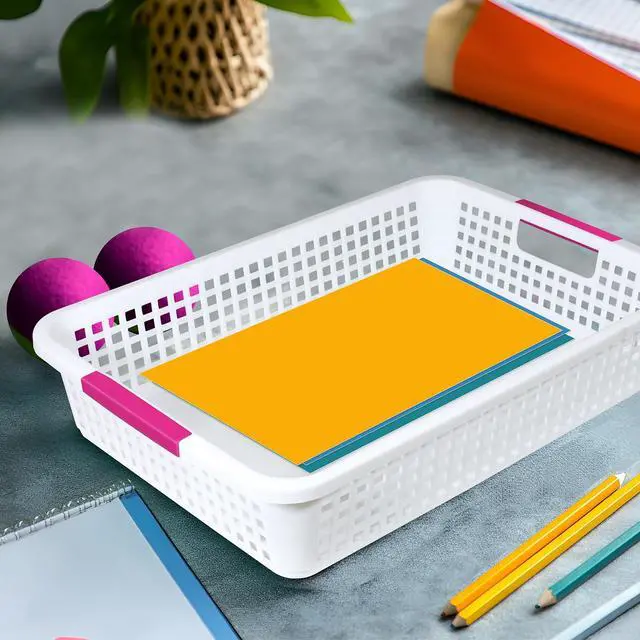 Alt view image 3 of 7 - 24 Pack Classroom Storage Baskets 15''x10''x3'' Large Plastic Classroom Paper Trays with Handle Letter Size A4 Paper Toy Basket Turn in Trays for Library, Office Desk Drawer Organizing (24, White)