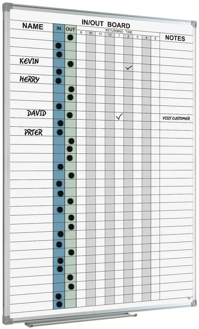 Main image of in and Out Board 36" x 24" Magnetic, Employee in/Out Planner Board | Dry Erase Notice Board Colorful Wall-Mounted Aluminum Framed