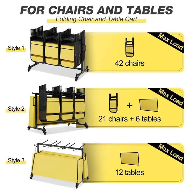 Alt view image 2 of 7 - Folding Chair Cart, Single Tier Folding Chair Storage Rack for 42 Chairs or 12 Tables500Lbs Capacity Heavy Metal Chair Holder Rack with Locking Universal Wheels, Cover & Elastic Straps