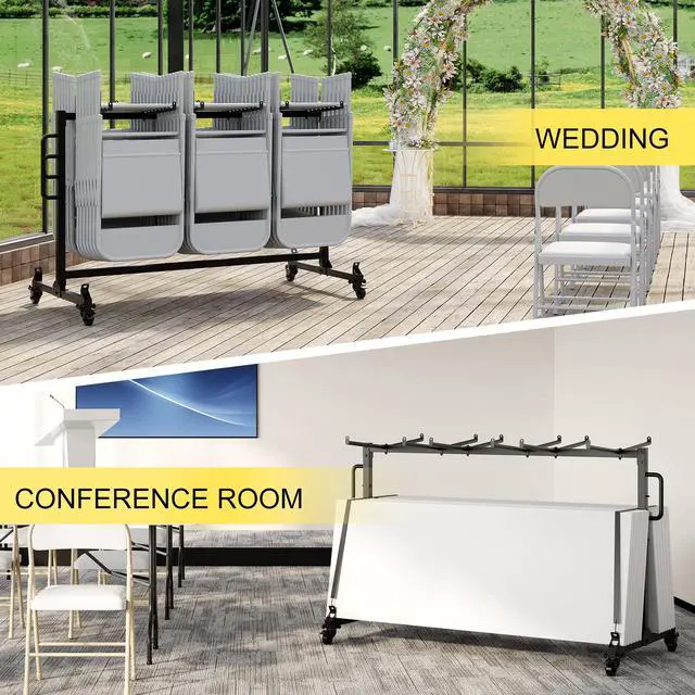Alt view image 6 of 7 - Folding Chair Cart, Single Tier Folding Chair Storage Rack for 42 Chairs or 12 Tables500Lbs Capacity Heavy Metal Chair Holder Rack with Locking Universal Wheels, Cover & Elastic Straps