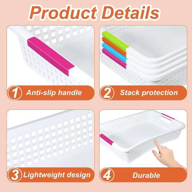 Alt view image 4 of 7 - 24 Pack Classroom Storage Baskets 15''x10''x3'' Large Plastic Classroom Paper Trays with Handle Letter Size A4 Paper Toy Basket Turn in Trays for Library, Office Desk Drawer Organizing (24, White)