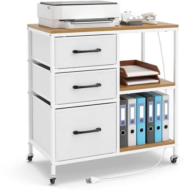 Main image of File Cabinet, Printer Stand with Storage, 3 Fabric Drawers, Open Storage Shelves, Charging Station, 4 Rolling Wheels (2 Lockable), Lateral Filing Cabinet for Home Office Organization (White)