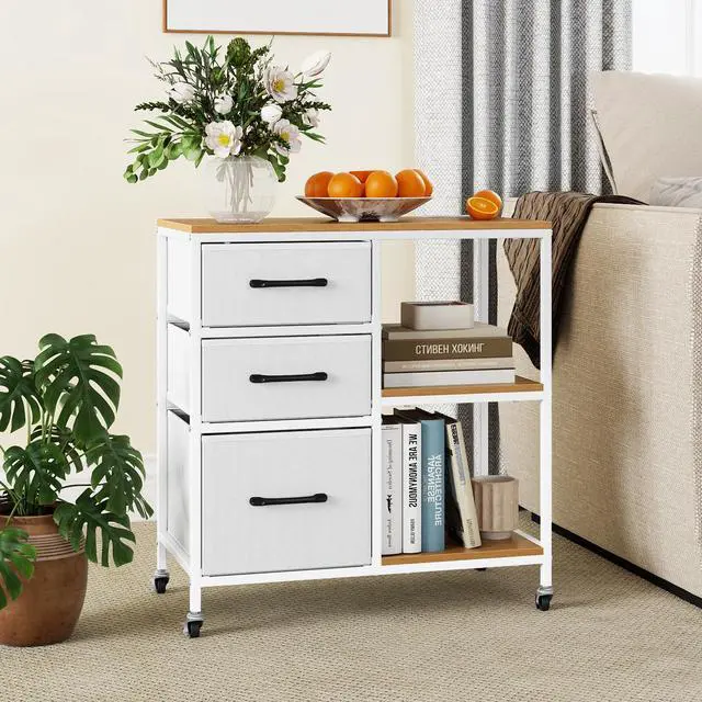 Alt view image 2 of 7 - File Cabinet, Printer Stand with Storage, 3 Fabric Drawers, Open Storage Shelves, Charging Station, 4 Rolling Wheels (2 Lockable), Lateral Filing Cabinet for Home Office Organization (White)