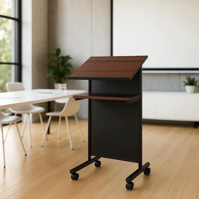 Alt view image 2 of 7 - Wheeled Lectern Podium - Standing Desk with Storage Shelf - Cherry/Black - Ideal for Presentations and Laptop Use