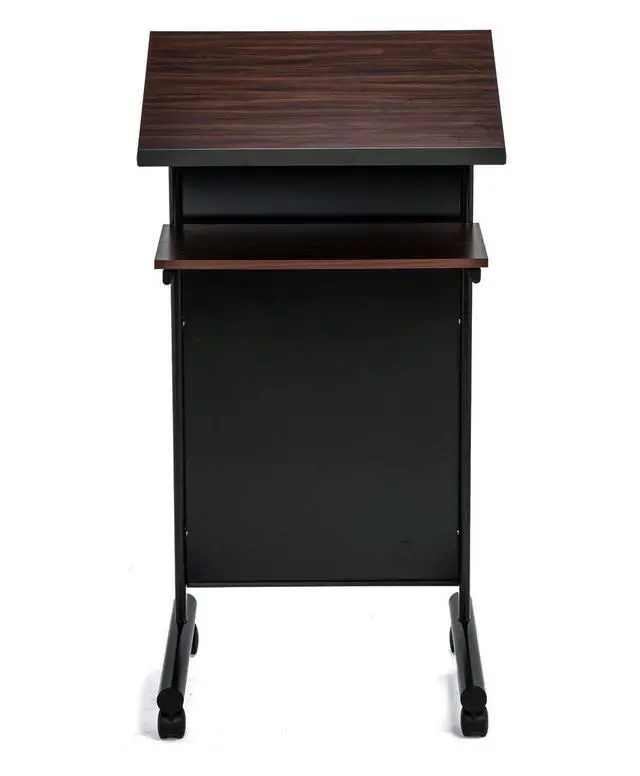 Alt view image 4 of 7 - Wheeled Lectern Podium - Standing Desk with Storage Shelf - Cherry/Black - Ideal for Presentations and Laptop Use