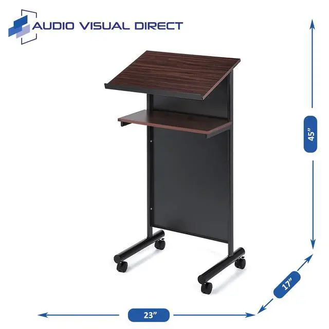 Alt view image 3 of 7 - Wheeled Lectern Podium - Standing Desk with Storage Shelf - Cherry/Black - Ideal for Presentations and Laptop Use