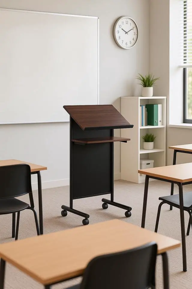 Alt view image 5 of 7 - Wheeled Lectern Podium - Standing Desk with Storage Shelf - Cherry/Black - Ideal for Presentations and Laptop Use