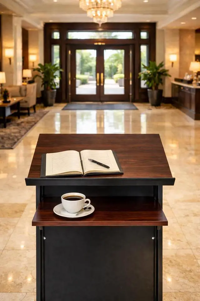 Alt view image 6 of 7 - Wheeled Lectern Podium - Standing Desk with Storage Shelf - Cherry/Black - Ideal for Presentations and Laptop Use