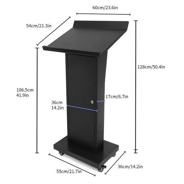 Alt view image 7 of 7 - Podium Stand with 4 Locking Wheels, Lecterns & Podiums for Church School Office Conference Home, Heavy Duty Metal, Large Storage Area, Slant Desktop, 50.4" H