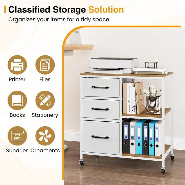 Alt view image 5 of 7 - File Cabinet, Printer Stand with Storage, 3 Fabric Drawers, Open Storage Shelves, Charging Station, 4 Rolling Wheels (2 Lockable), Lateral Filing Cabinet for Home Office Organization (White)