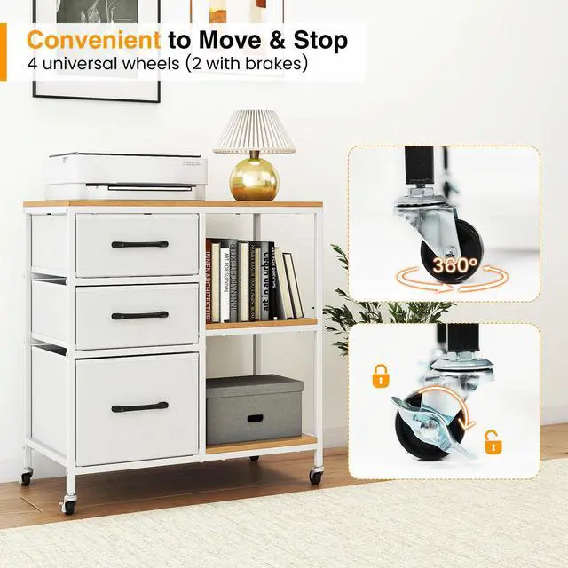 Alt view image 6 of 7 - File Cabinet, Printer Stand with Storage, 3 Fabric Drawers, Open Storage Shelves, Charging Station, 4 Rolling Wheels (2 Lockable), Lateral Filing Cabinet for Home Office Organization (White)