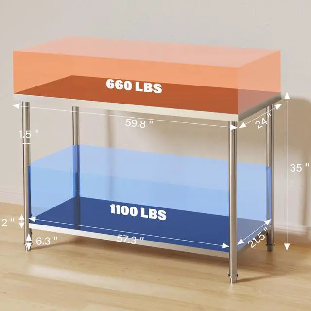 Alt view image 3 of 7 - Stainless Steel Table, 60 in x 24 in Commercial Prep Work Table with Adjustable Undershelf and Pre-installed Feet, 2 Tier Metal Table for Restaurant, Home, Kitchen, Garages and Outdoor