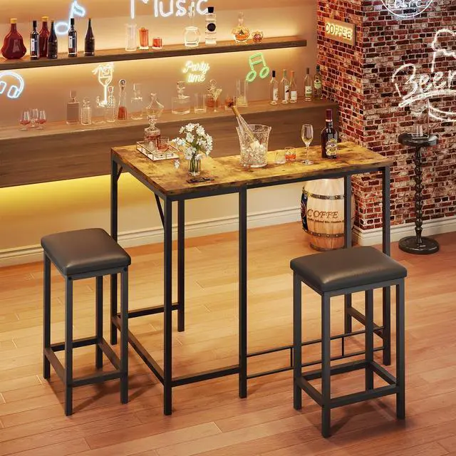 Main image of Bar Table and Chairs Set, 63'' L-Shaped Bar Table with 2 Stools, Counter Height Kitchen Table with Built-in Power Outlets, Left/Right/Straight Convertible Design, Faux Leather Upholstered Seating