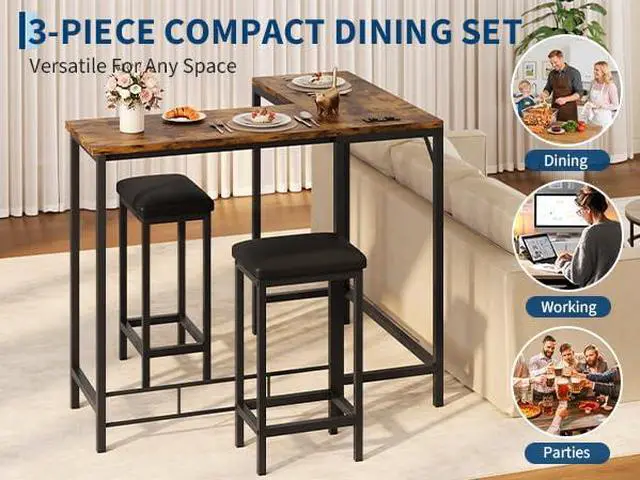 Alt view image 6 of 7 - Bar Table and Chairs Set, 63'' L-Shaped Bar Table with 2 Stools, Counter Height Kitchen Table with Built-in Power Outlets, Left/Right/Straight Convertible Design, Faux Leather Upholstered Seating