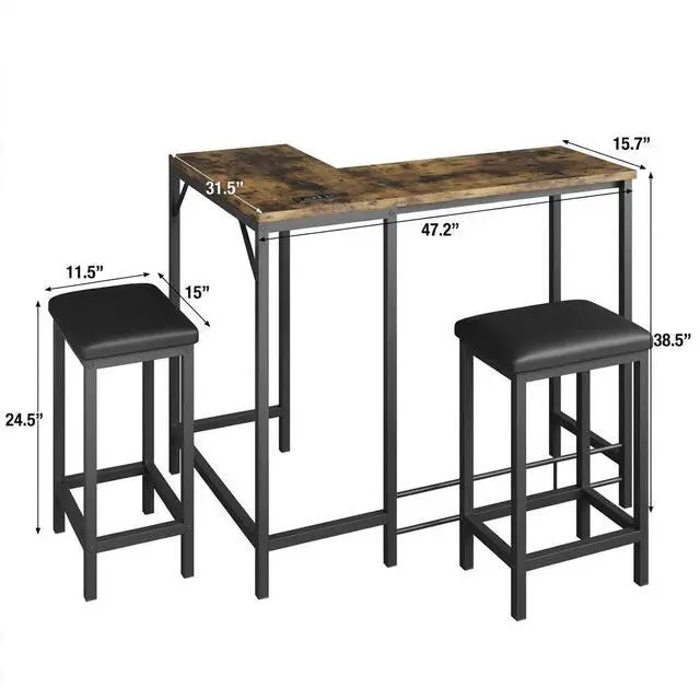 Alt view image 5 of 7 - Bar Table and Chairs Set, 63'' L-Shaped Bar Table with 2 Stools, Counter Height Kitchen Table with Built-in Power Outlets, Left/Right/Straight Convertible Design, Faux Leather Upholstered Seating