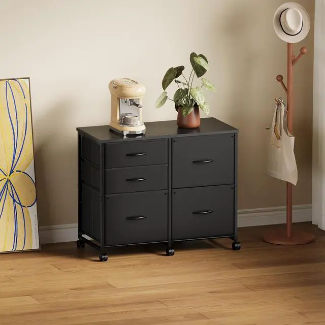 Alt view image 2 of 7 - Lateral File Cabinet with 5 Drawers Rolling Filing Cabinets Under Desk Storage Printer Stand with Wheels,Mobile File Cabinet for Home Office,Black