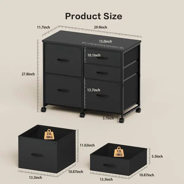 Alt view image 3 of 7 - Lateral File Cabinet with 5 Drawers Rolling Filing Cabinets Under Desk Storage Printer Stand with Wheels,Mobile File Cabinet for Home Office,Black