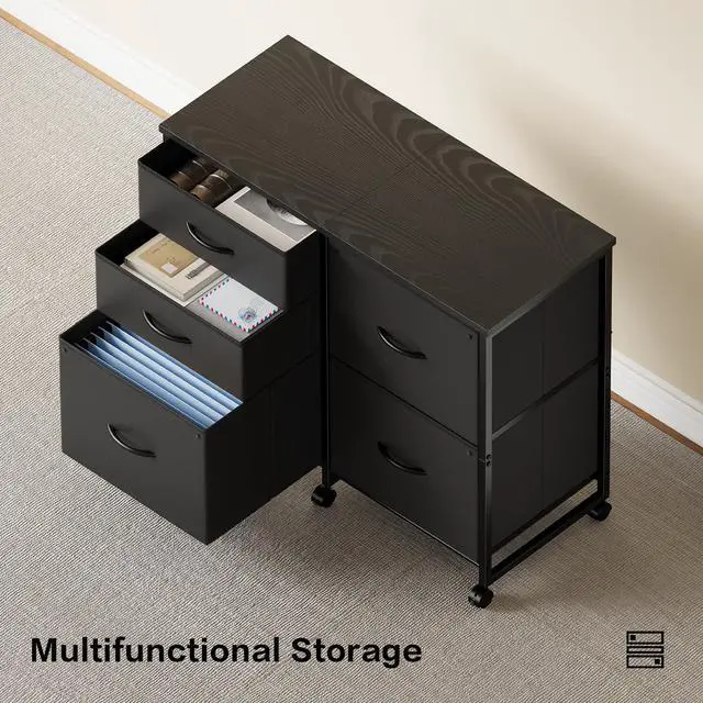 Alt view image 4 of 7 - Lateral File Cabinet with 5 Drawers Rolling Filing Cabinets Under Desk Storage Printer Stand with Wheels,Mobile File Cabinet for Home Office,Black