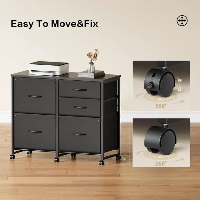 Alt view image 7 of 7 - Lateral File Cabinet with 5 Drawers Rolling Filing Cabinets Under Desk Storage Printer Stand with Wheels,Mobile File Cabinet for Home Office,Black