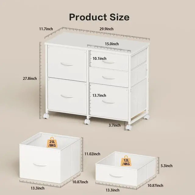Alt view image 3 of 7 - Lateral File Cabinet with 5 Drawers Rolling Filing Cabinets Under Desk Storage Printer Stand with Wheels,Mobile File Cabinet for Home Office,White
