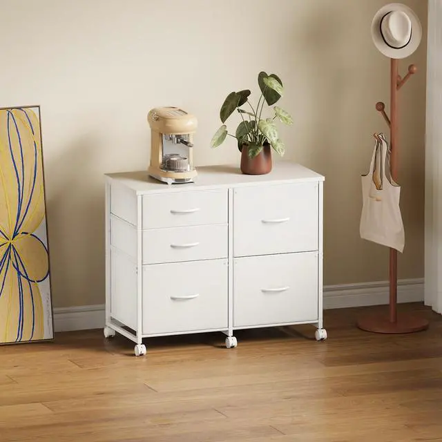 Alt view image 2 of 7 - Lateral File Cabinet with 5 Drawers Rolling Filing Cabinets Under Desk Storage Printer Stand with Wheels,Mobile File Cabinet for Home Office,White