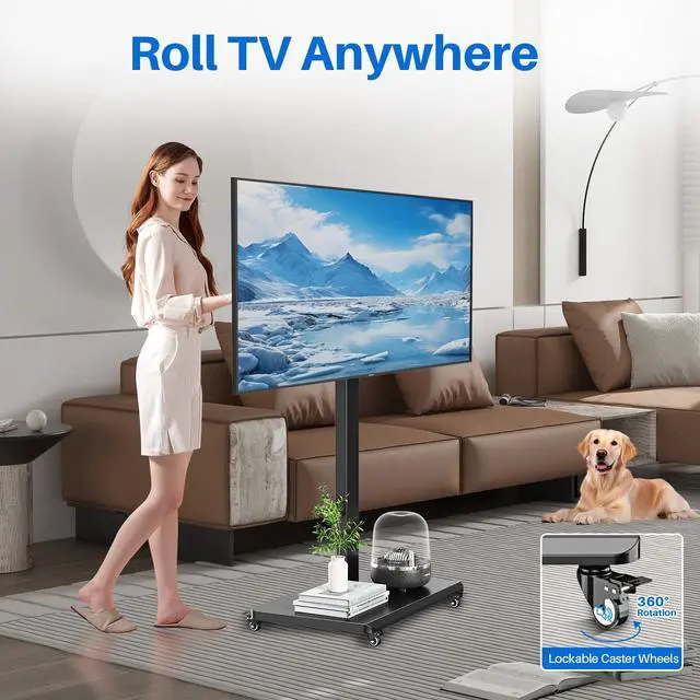 Alt view image 3 of 7 - Mobile TV Cart Rolling TV Stand for 26 to 65 Inch TVs, Landscape to Portrait Rotating, Height Adjustable Portable Floor TV Stand with Locking Wheels Hold Up to 110 Lbs Max VESA 400x400mm