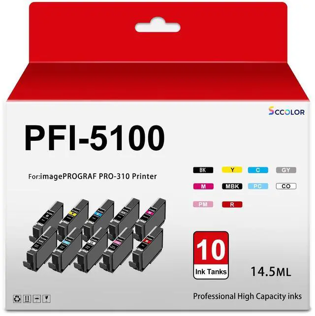 Main image of PRO310 PFI5100 Ink Cartridges High Capacity Replacement for Canon PFI-5100 Ink Cartridge Compatible for Canon imagePROGRAF PRO-310 Printer.10 Pack (MBK PBK GY PC PM CO C M Y R)