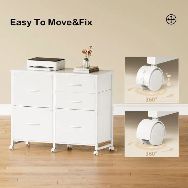 Alt view image 7 of 7 - Lateral File Cabinet with 5 Drawers Rolling Filing Cabinets Under Desk Storage Printer Stand with Wheels,Mobile File Cabinet for Home Office,White