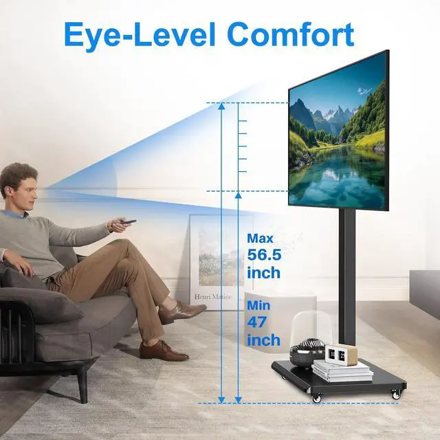 Alt view image 5 of 7 - Mobile TV Cart Rolling TV Stand for 26 to 65 Inch TVs, Landscape to Portrait Rotating, Height Adjustable Portable Floor TV Stand with Locking Wheels Hold Up to 110 Lbs Max VESA 400x400mm