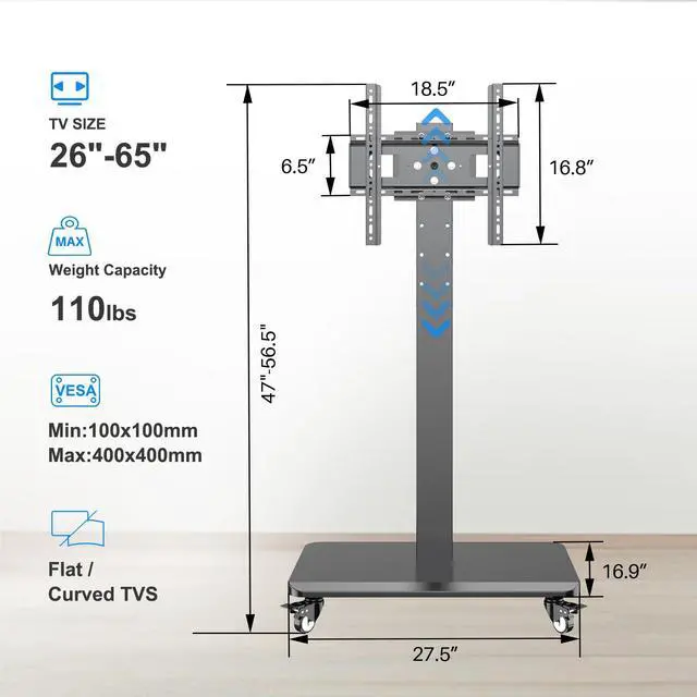 Alt view image 4 of 7 - Mobile TV Cart Rolling TV Stand for 26 to 65 Inch TVs, Landscape to Portrait Rotating, Height Adjustable Portable Floor TV Stand with Locking Wheels Hold Up to 110 Lbs Max VESA 400x400mm