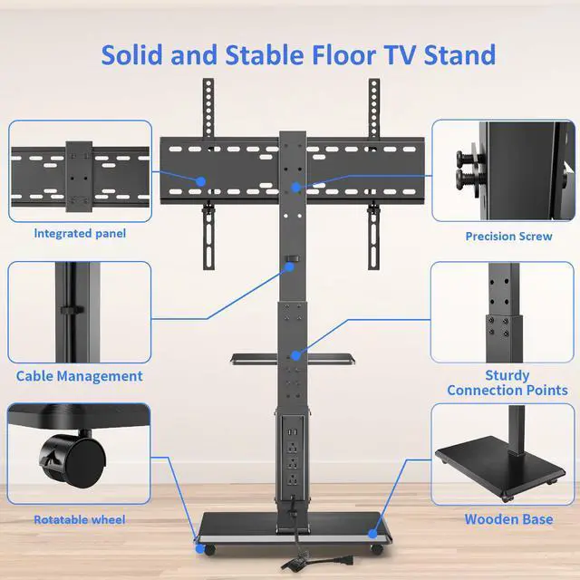 Alt view image 7 of 7 - Rolling TV Stand with Power Outlet, Mobile TV Cart for 32-75 Inch TVs up to 110 lbs, 18 Adjustable Heights, Max VESA 600x400mm, TV Floor Stand with Swivel Mount/Shelf/Wheels, Fits for Bedroom