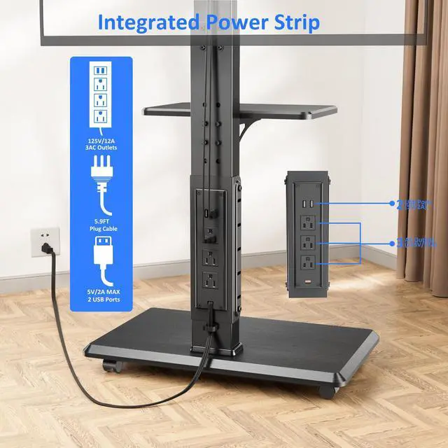Alt view image 6 of 7 - Rolling TV Stand with Power Outlet, Mobile TV Cart for 32-75 Inch TVs up to 110 lbs, 18 Adjustable Heights, Max VESA 600x400mm, TV Floor Stand with Swivel Mount/Shelf/Wheels, Fits for Bedroom