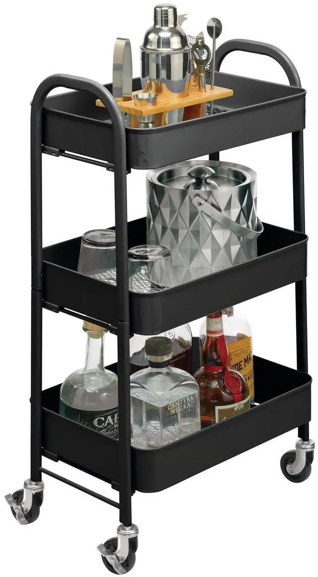 Main image of Metal 3-Tier Rolling Utility Storage Carts - Organizer Trolley for Bathroom, Kitchen, Laundry, Office, and Kids Rooms - Heavy Duty Caddy with 4 Caster Wheels - Matte Black