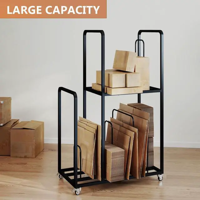 Alt view image 2 of 7 - Carton Cart Stand, 2-Tier Cardboard Box Stand, Metal Cardboard Box Storage Rack, Carton Stands for Boxes with Wheels and Handle, Cardboards Organizer for Home Supermarket Warehouse Commercial