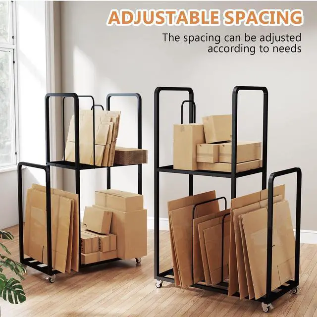 Alt view image 5 of 7 - Carton Cart Stand, 2-Tier Cardboard Box Stand, Metal Cardboard Box Storage Rack, Carton Stands for Boxes with Wheels and Handle, Cardboards Organizer for Home Supermarket Warehouse Commercial