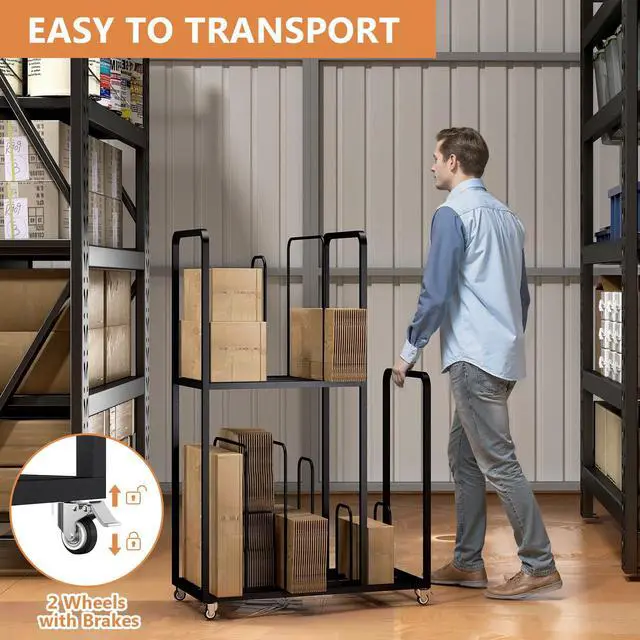 Alt view image 6 of 7 - Carton Cart Stand, 2-Tier Cardboard Box Stand, Metal Cardboard Box Storage Rack, Carton Stands for Boxes with Wheels and Handle, Cardboards Organizer for Home Supermarket Warehouse Commercial