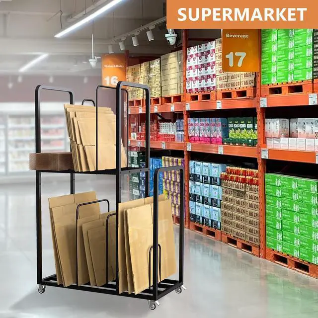 Alt view image 7 of 7 - Carton Cart Stand, 2-Tier Cardboard Box Stand, Metal Cardboard Box Storage Rack, Carton Stands for Boxes with Wheels and Handle, Cardboards Organizer for Home Supermarket Warehouse Commercial
