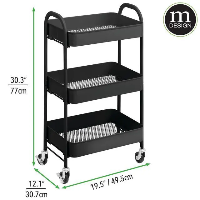 Alt view image 6 of 7 - Metal 3-Tier Rolling Utility Storage Carts - Organizer Trolley for Bathroom, Kitchen, Laundry, Office, and Kids Rooms - Heavy Duty Caddy with 4 Caster Wheels - Matte Black