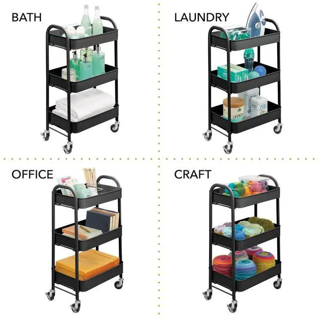 Alt view image 3 of 7 - Metal 3-Tier Rolling Utility Storage Carts - Organizer Trolley for Bathroom, Kitchen, Laundry, Office, and Kids Rooms - Heavy Duty Caddy with 4 Caster Wheels - Matte Black