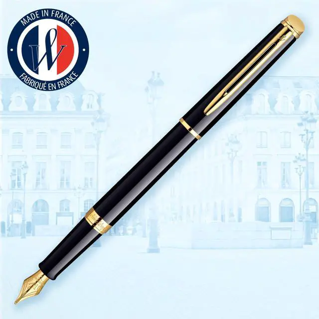 Alt view image 2 of 7 - Hémisphère Fountain Pen Black with Gold Trim Medium Nib Blue Ink Gift Box