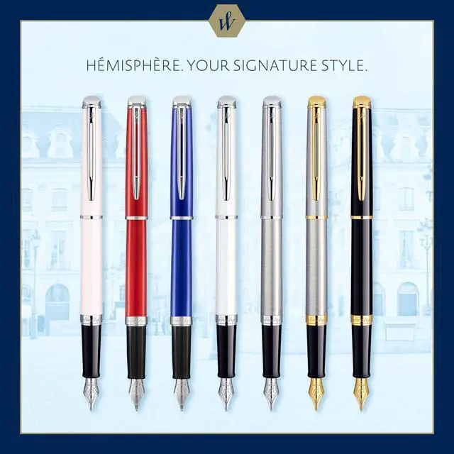 Alt view image 7 of 7 - Hémisphère Fountain Pen Black with Gold Trim Medium Nib Blue Ink Gift Box