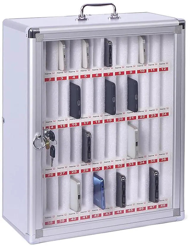 Main image of 48 Slots Cell Phone Locker Aluminum Alloy Pocket Chart | Cell Phones Storage Cabinet Cell Phone Holder Classroom Wall Mounted Cell Phone Storage Box with Handle for Office Gym