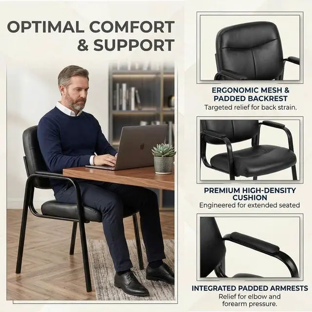 Alt view image 6 of 7 - Office Reception Guest Chair Set of 6, Waiting Room Chair, Desk Chair No Wheels with Padded Arms Rest and Sled Base for Lobby and Conference, Table Side Salon, Home, Black