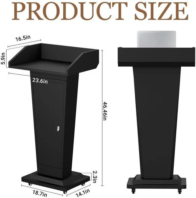 Alt view image 2 of 7 - Podium Stand with 4 Locking Wheels, Heavy-Duty Metal Lectern for Church, School, Office, and Conference, Large Lockable Storage Cabinet, 43.7" H, Black