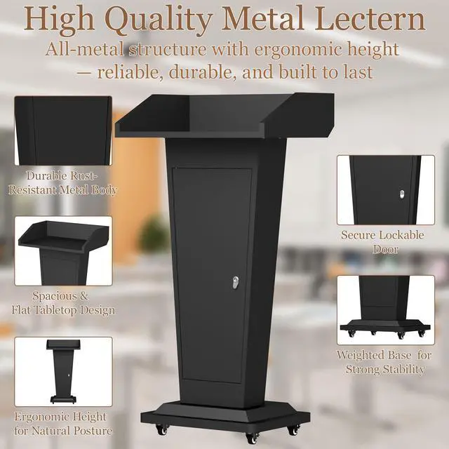 Alt view image 4 of 7 - Podium Stand with 4 Locking Wheels, Heavy-Duty Metal Lectern for Church, School, Office, and Conference, Large Lockable Storage Cabinet, 43.7" H, Black