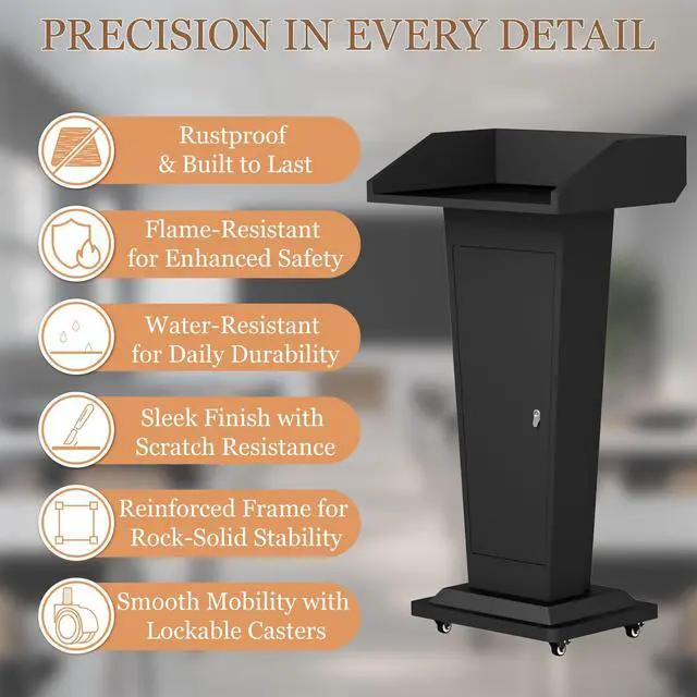 Alt view image 3 of 7 - Podium Stand with 4 Locking Wheels, Heavy-Duty Metal Lectern for Church, School, Office, and Conference, Large Lockable Storage Cabinet, 43.7" H, Black