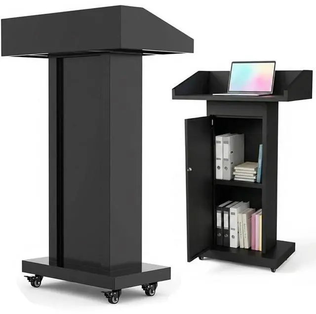 Main image of Podium Stand with 4 Locking Wheels, Heavy-Duty Metal Lectern with Large Lockable Storage Cabinet, Flat Desktop for Church, School, Office, and Conference, 43.7" H, Black